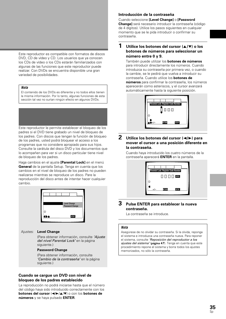 Funciones avanzadas, Ajuste del nivel de bloqueo de los padres | Pioneer DV-530 User Manual | Page 37 / 112
