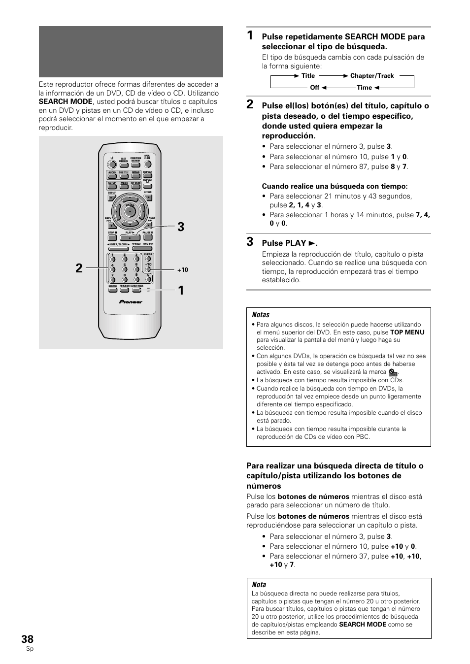 Búsqueda de un título, capítulo, pista o, Ubicación en un disco, Dvd/cd de vídeo/cd | Pulse play 3, Notas, Nota | Pioneer DV-530 User Manual | Page 40 / 112
