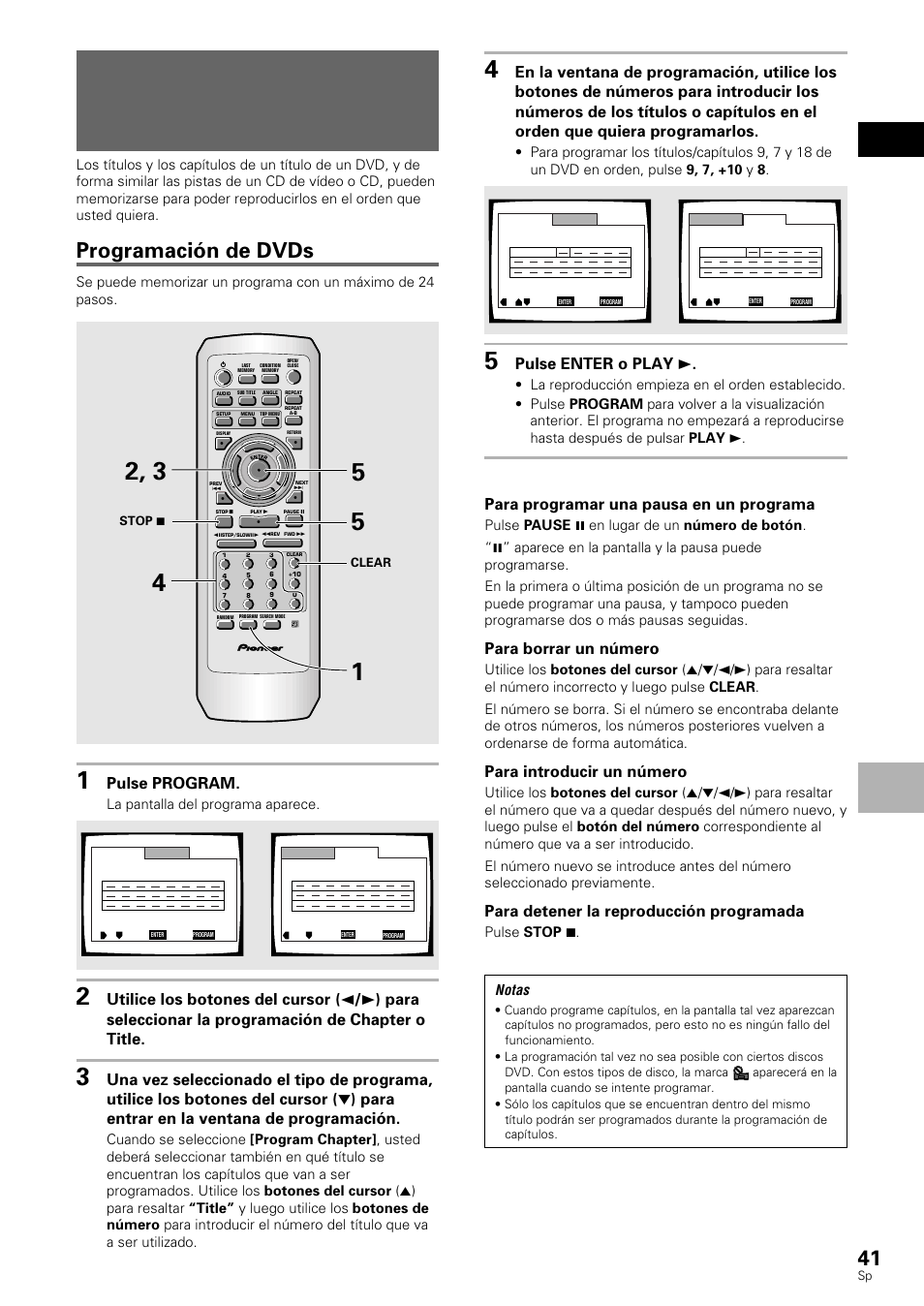 Reproducción en un orden deseado, Reproducción programada), Programación de dvds | Español funciones a v anzadas, Dvd/cd de vídeo/cd, Pulse program, Pulse enter o play 3, Para programar una pausa en un programa, Para borrar un número, Para introducir un número | Pioneer DV-530 User Manual | Page 43 / 112