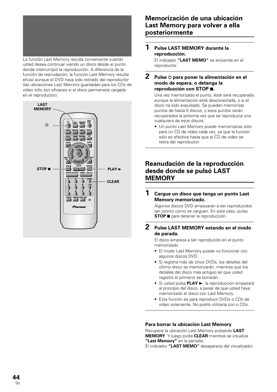 Continuación de la reproducción desde una, Ubicación especificada (last memory), Dvd/cd de vídeo | Pioneer DV-530 User Manual | Page 46 / 112