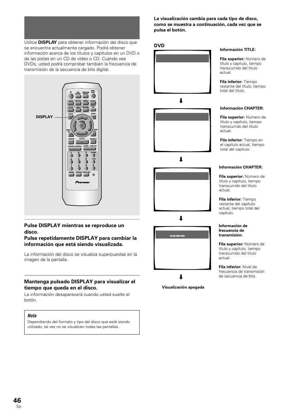 Visión de la información del disco, Dvd/cd de vídeo/cd, Nota | Display | Pioneer DV-530 User Manual | Page 48 / 112