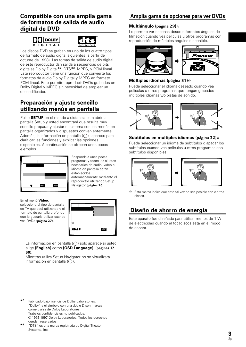 Amplia gama de opciones para ver dvds, Diseño de ahorro de energía, Español | Multiángulo (página 29), Múltiples idiomas (página 31), Subtítulos en múltiples idiomas (página 32) | Pioneer DV-530 User Manual | Page 5 / 112