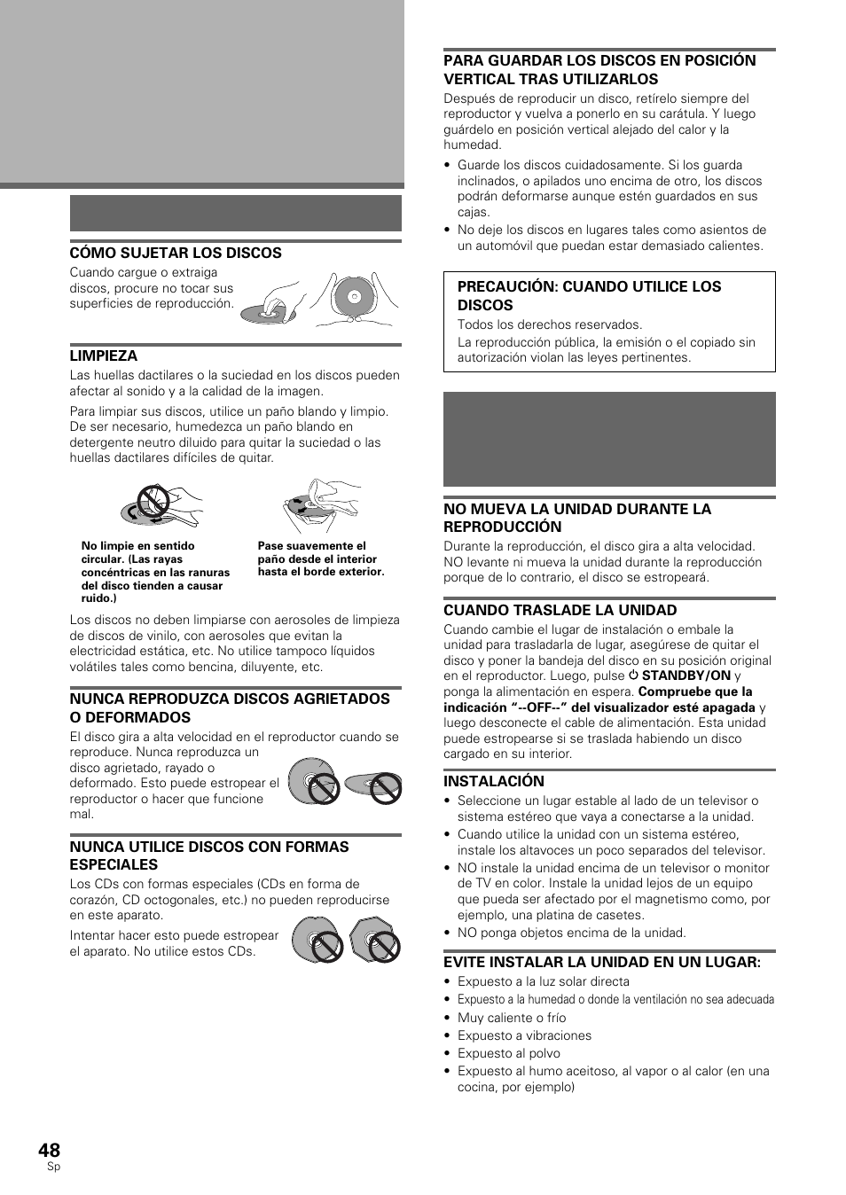 Información adicional, Durante mucho tiempo, Cuidados de los discos | Pioneer DV-530 User Manual | Page 50 / 112