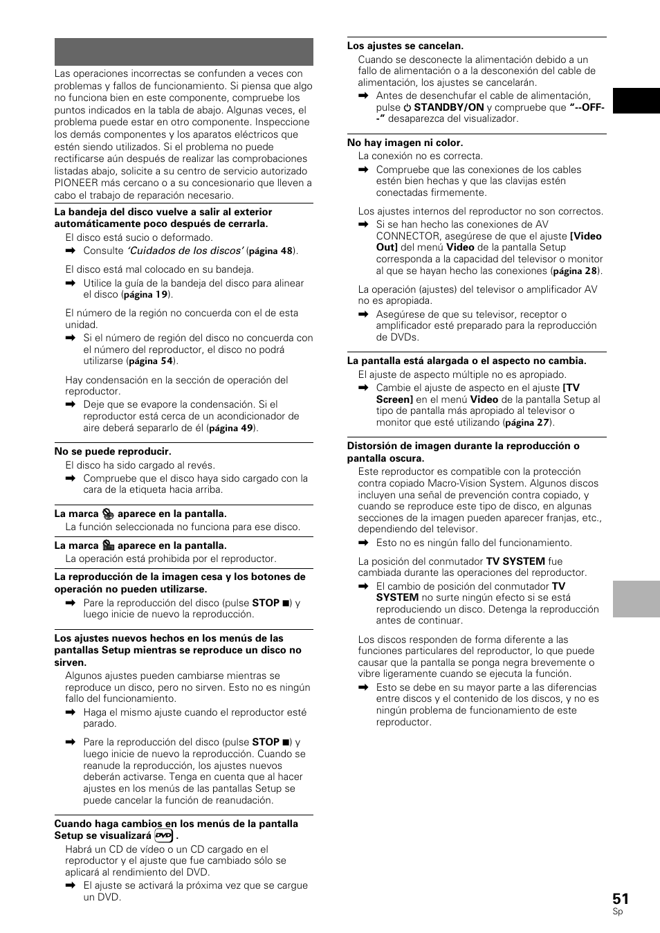 Localización de averías | Pioneer DV-530 User Manual | Page 53 / 112