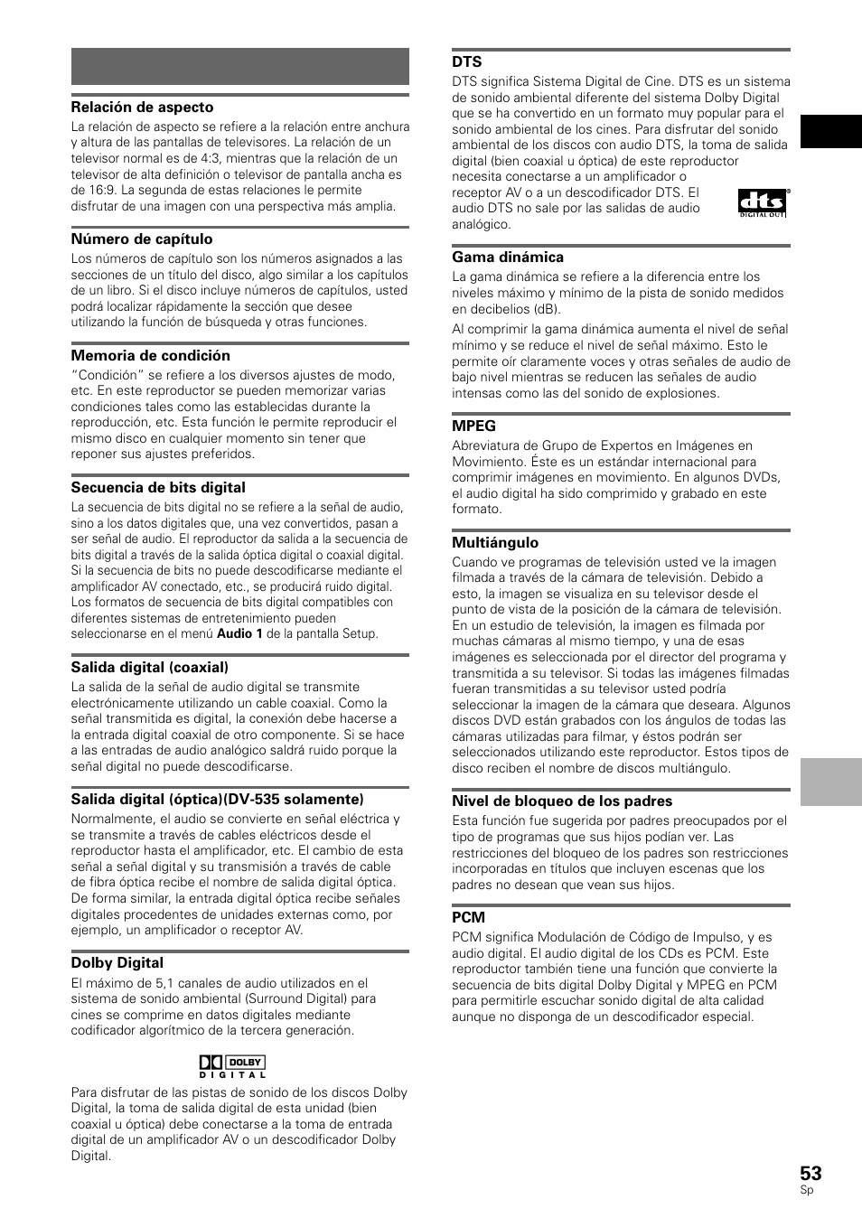 Términos | Pioneer DV-530 User Manual | Page 55 / 112