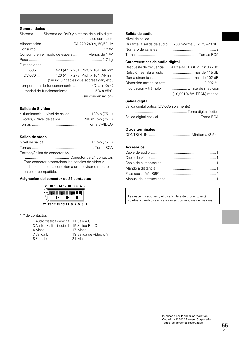 Especificaciones | Pioneer DV-530 User Manual | Page 57 / 112