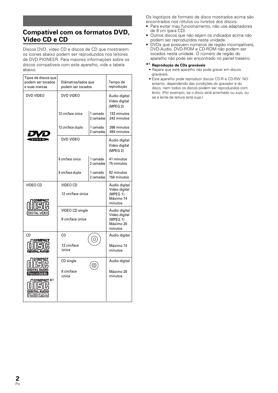 Características deste aparelho, Compatível com os formatos dvd, video cd e cd | Pioneer DV-530 User Manual | Page 58 / 112