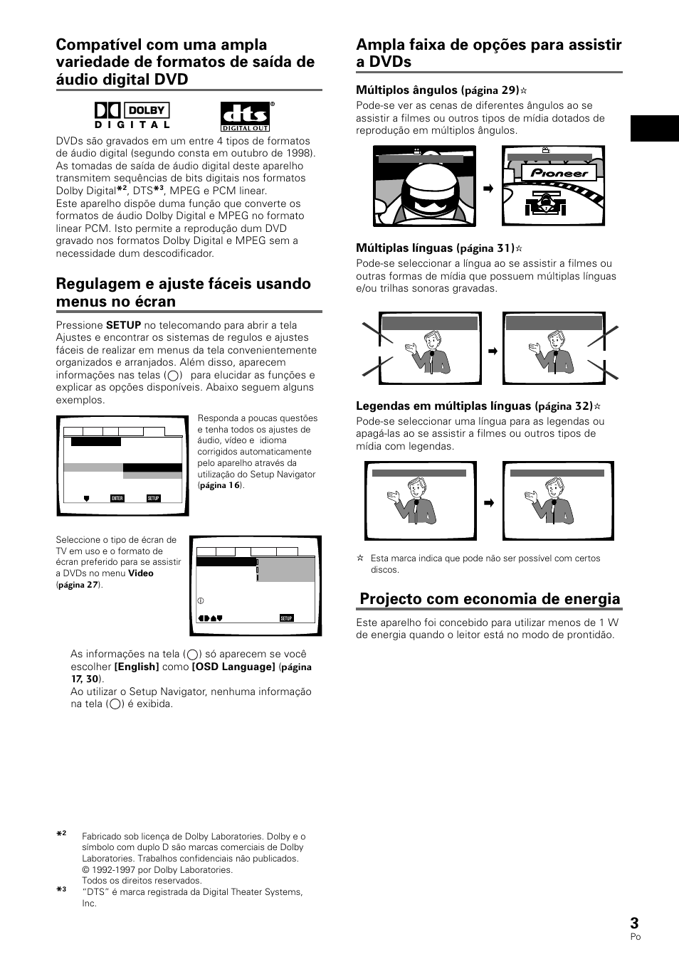 Ampla faixa de opções para assistir a dvds, Projecto com economia de energia, Regulagem e ajuste fáceis usando menus no écran | Português, Múltiplos ângulos (página 29), Múltiplas línguas (página 31), Legendas em múltiplas línguas (página 32) | Pioneer DV-530 User Manual | Page 59 / 112