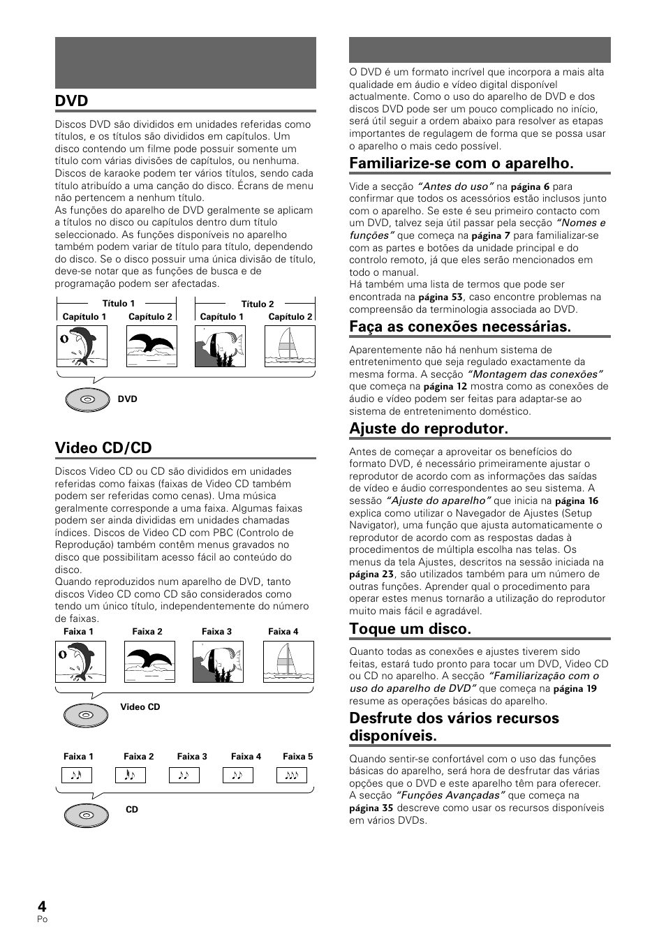 Como continuar este manual, Diferenças na composição do disco, Familiarize-se com o aparelho | Faça as conexões necessárias, Ajuste do reprodutor, Toque um disco, Desfrute dos vários recursos disponíveis, Video cd/cd | Pioneer DV-530 User Manual | Page 60 / 112