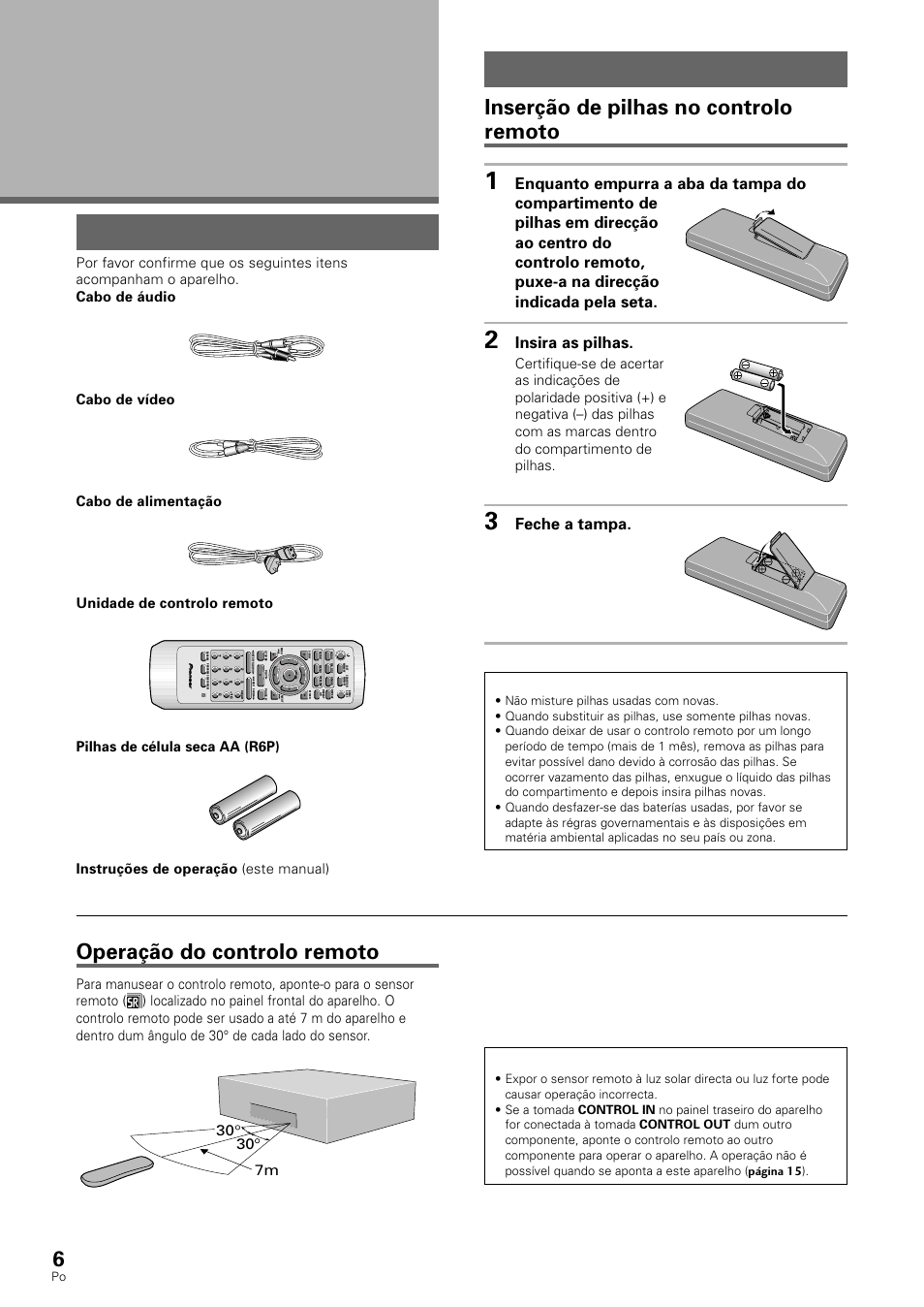 Antes do uso, Preparação do controlo remoto, Verificação de acessórios | Inserção de pilhas no controlo remoto, Operação do controlo remoto, Insira as pilhas, Feche a tampa, 30 7m, Notas | Pioneer DV-530 User Manual | Page 62 / 112