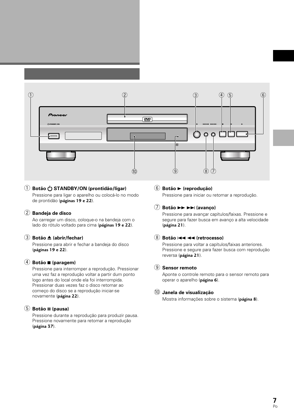 Nomes e funções, Painel frontal | Pioneer DV-530 User Manual | Page 63 / 112