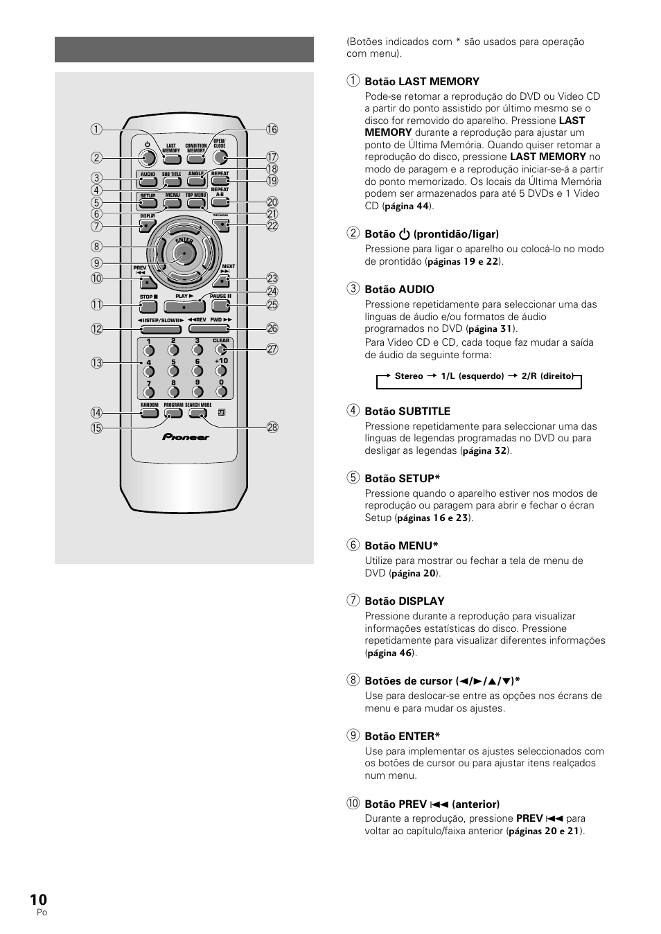 Controlo remoto | Pioneer DV-530 User Manual | Page 66 / 112