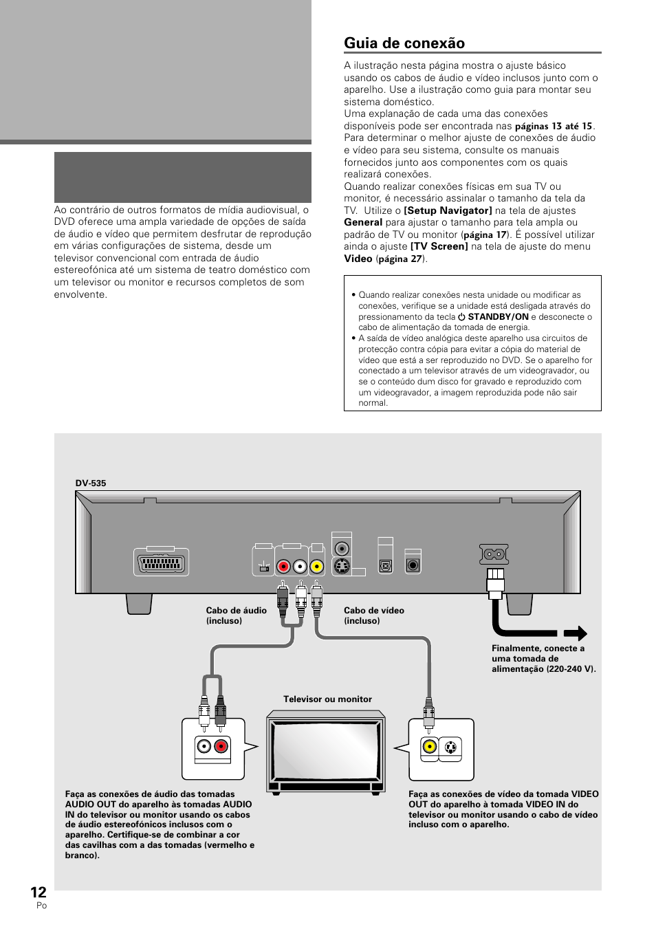 Montagens das conexões, Conexão com o aparelho de dvd, Guia de conexão | Pioneer DV-530 User Manual | Page 68 / 112