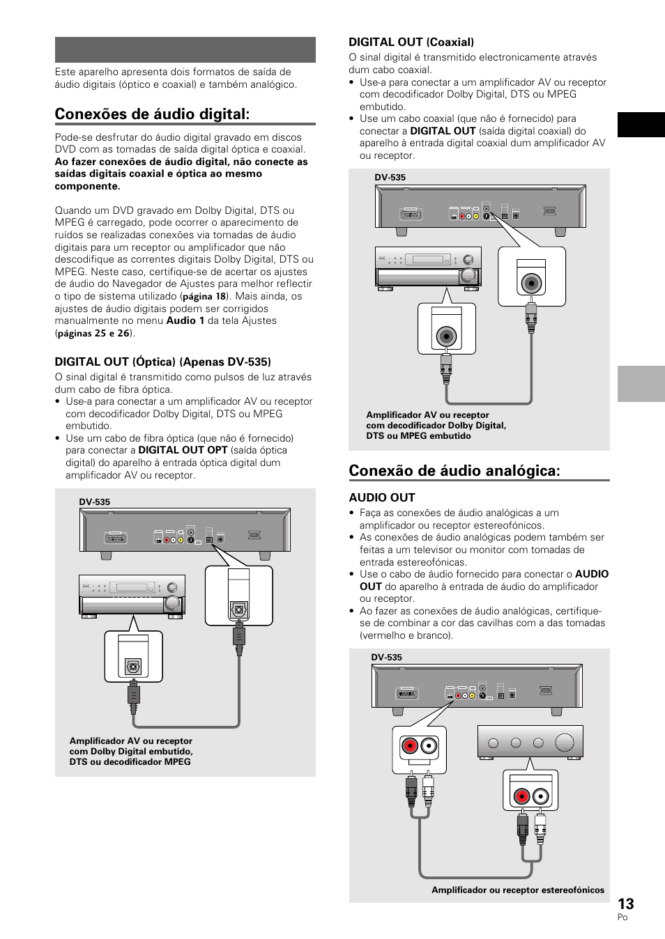 Conexões de áudio, Conexões de áudio digital, Conexão de áudio analógica | Pioneer DV-530 User Manual | Page 69 / 112