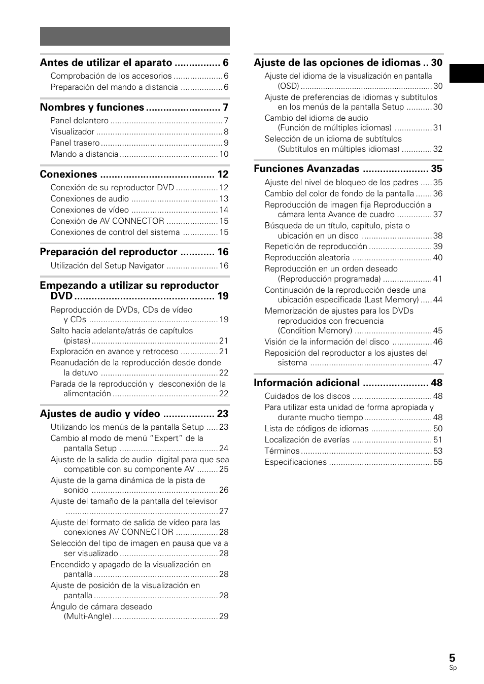 Dv-535 dv-530, Manual de instrucciones, Manual de instruções | Reproductor dvd, Aparelho de dvd, Índice | Pioneer DV-530 User Manual | Page 7 / 112