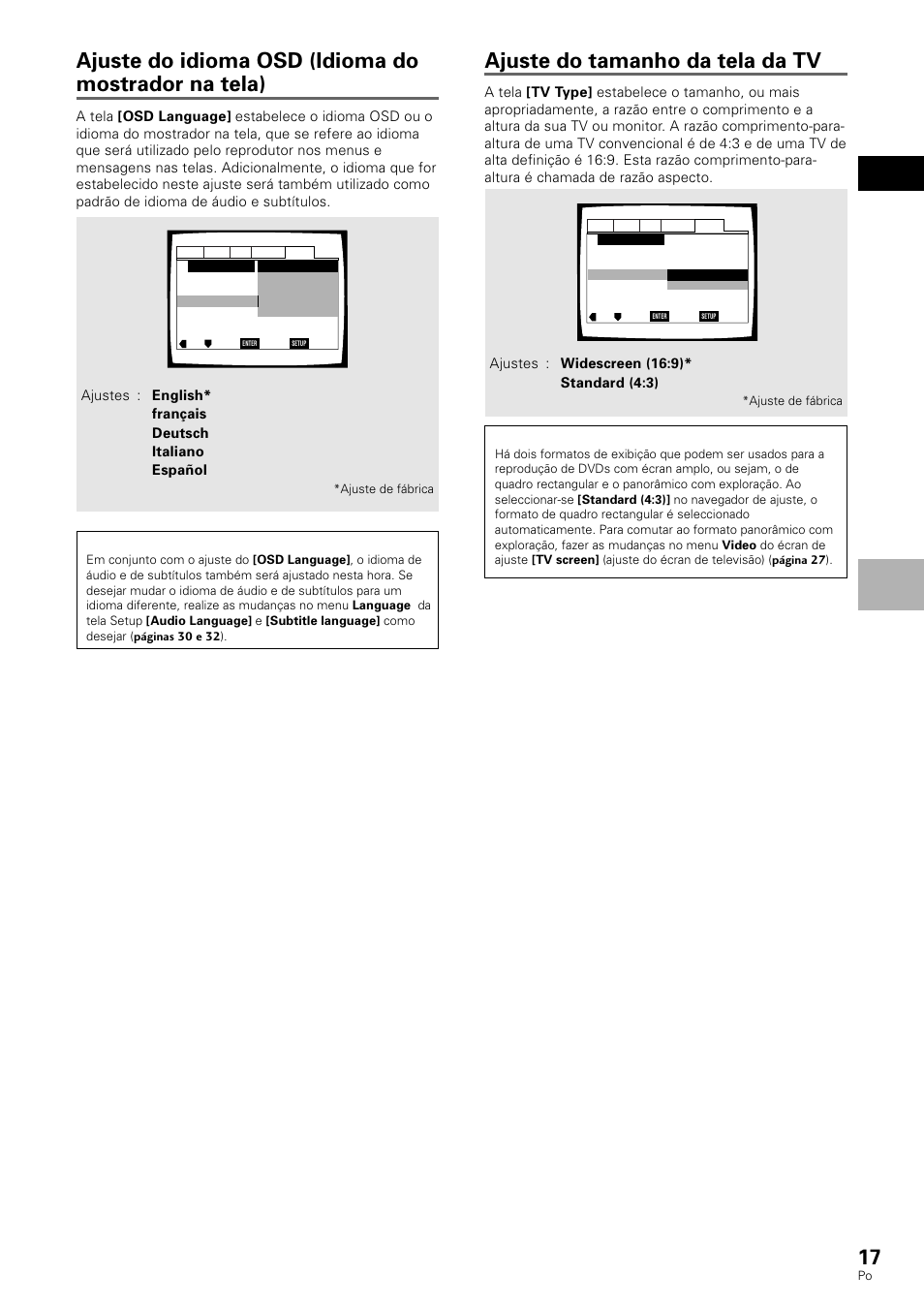 Ajuste do idioma osd (idioma do mostrador na tela), Ajuste do tamanho da tela da tv, Português | Ajuste do ap arelho | Pioneer DV-530 User Manual | Page 73 / 112
