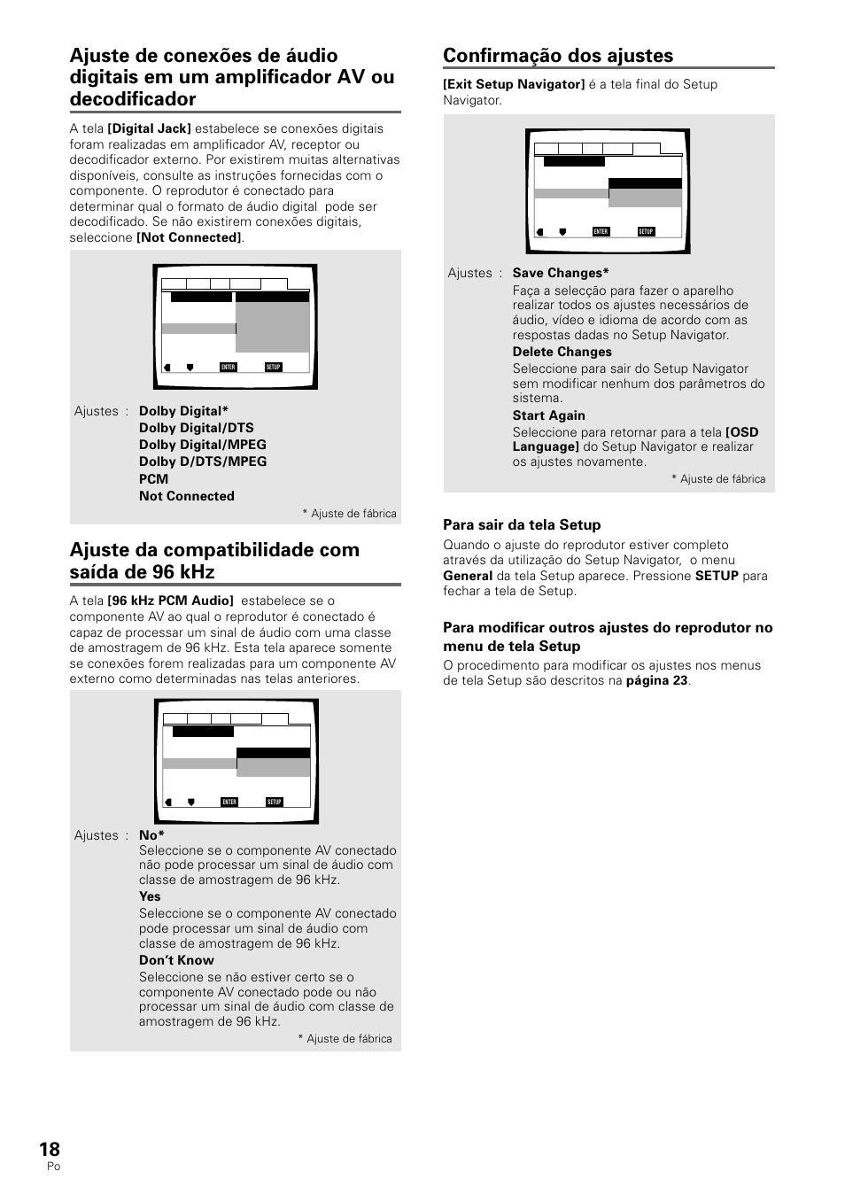 Confirmação dos ajustes, Ajuste da compatibilidade com saída de 96 khz, Para sair da tela setup | Pioneer DV-530 User Manual | Page 74 / 112