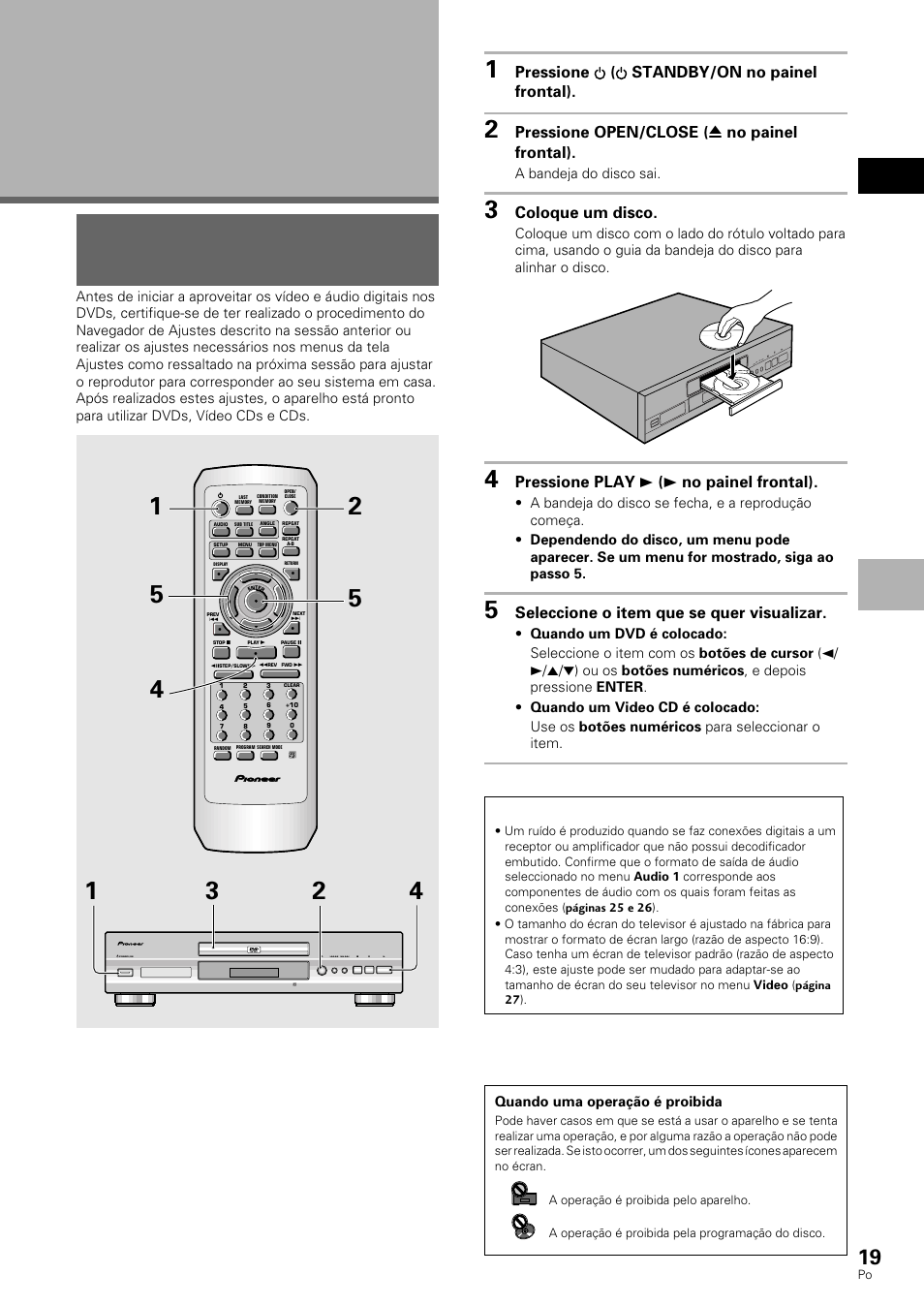 Familiarização com o uso do aparelho de dvd, Reprodução de dvds, video cds e cds, Português | Dvd/video cd/cd, Pressione ( standby/on no painel frontal), Pressione open/close ( 0 no painel frontal), Coloque um disco, Pressione play 3 ( 3 no painel frontal), Seleccione o item que se quer visualizar, A bandeja do disco sai | Pioneer DV-530 User Manual | Page 75 / 112