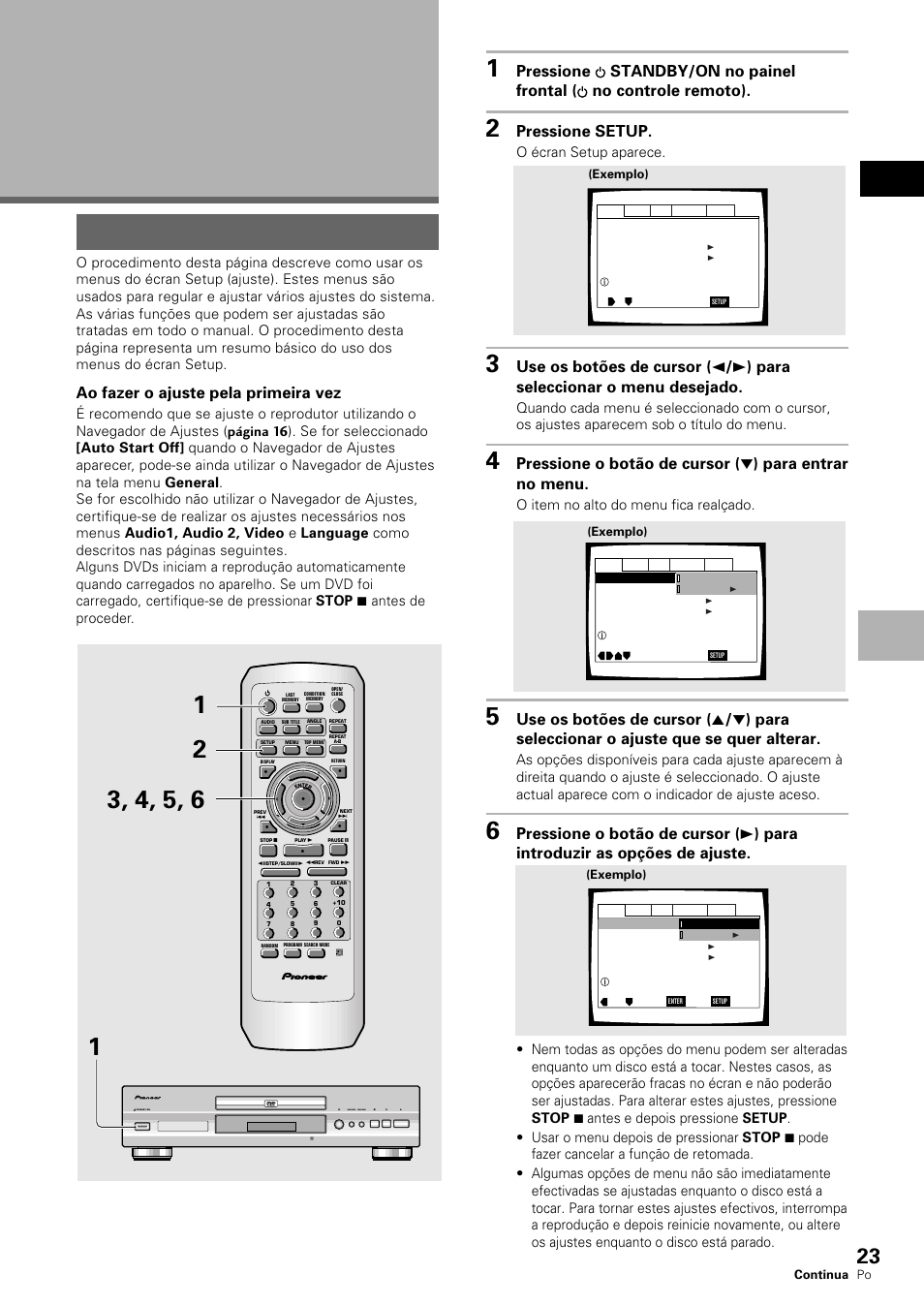Regulo dos ajustes de vídeo e áudio, Uso dos menus do écran setup, Português | Pressione setup, Ao fazer o ajuste pela primeira vez, O écran setup aparece, O item no alto do menu fica realçado, Standby/on dvd player | Pioneer DV-530 User Manual | Page 79 / 112
