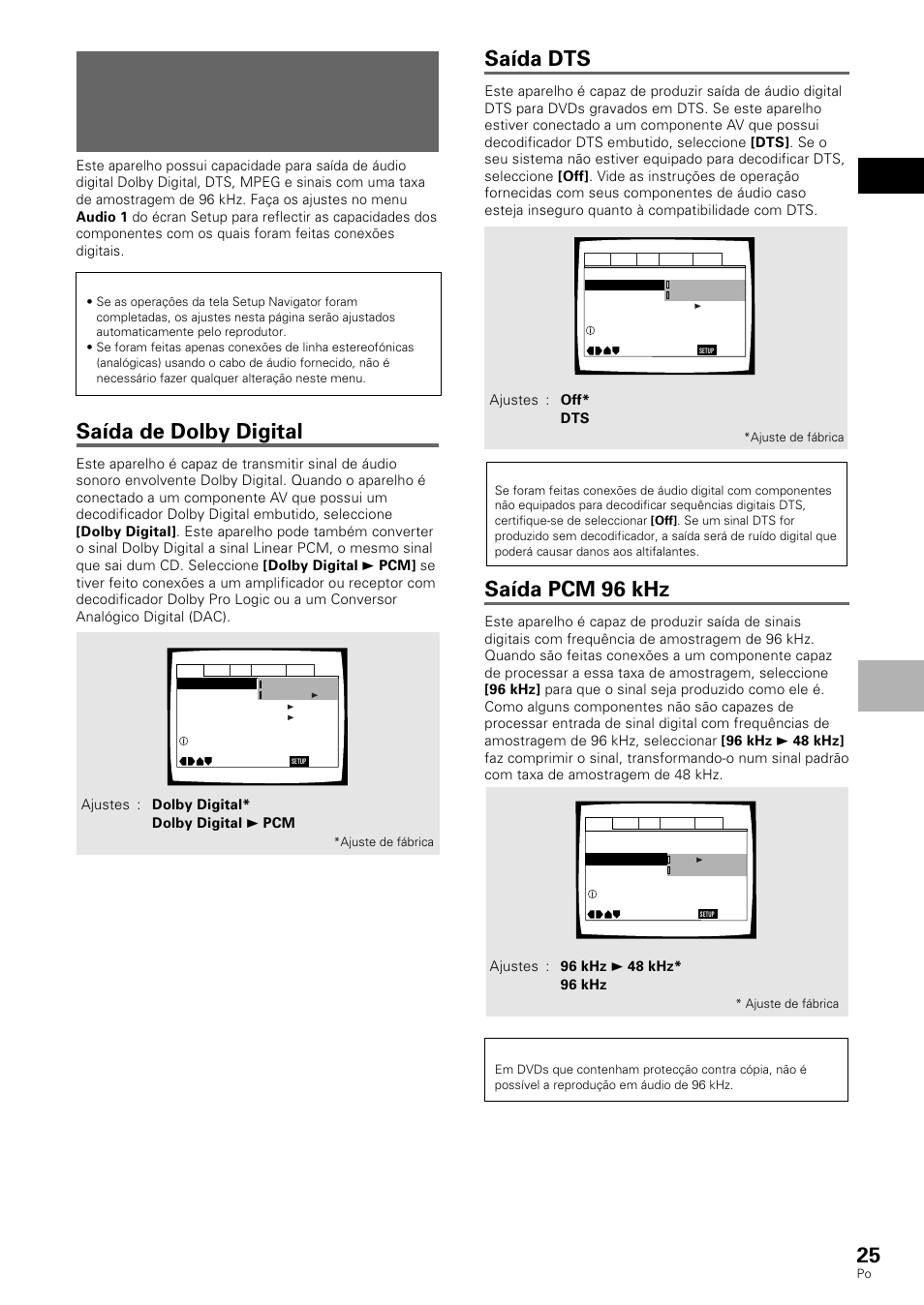 Saída de dolby digital, Saída dts, Saída pcm 96 khz | Português regulo dos ajustes de vídeo e áudio | Pioneer DV-530 User Manual | Page 81 / 112