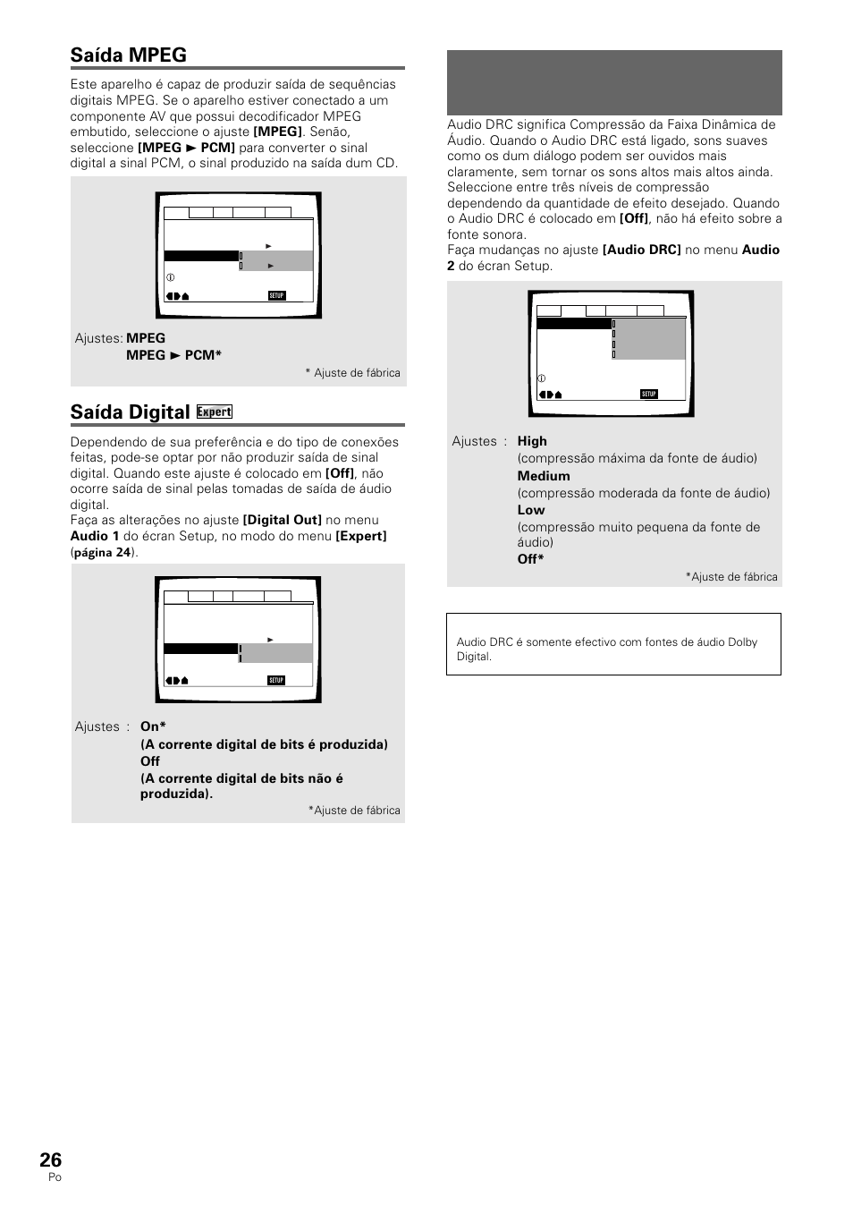Ajuste da faixa dinâmica da trilha sonora de áudio, Saída mpeg, Saída digital | Dvd/video cd/cd | Pioneer DV-530 User Manual | Page 82 / 112
