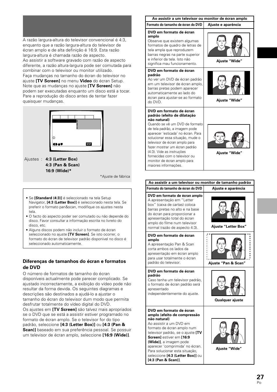 Ajuste do tamanho do écran do televisor, Português regulo dos ajustes de vídeo e áudio, Diferenças de tamanhos do écran e formatos de dvd | Pioneer DV-530 User Manual | Page 83 / 112