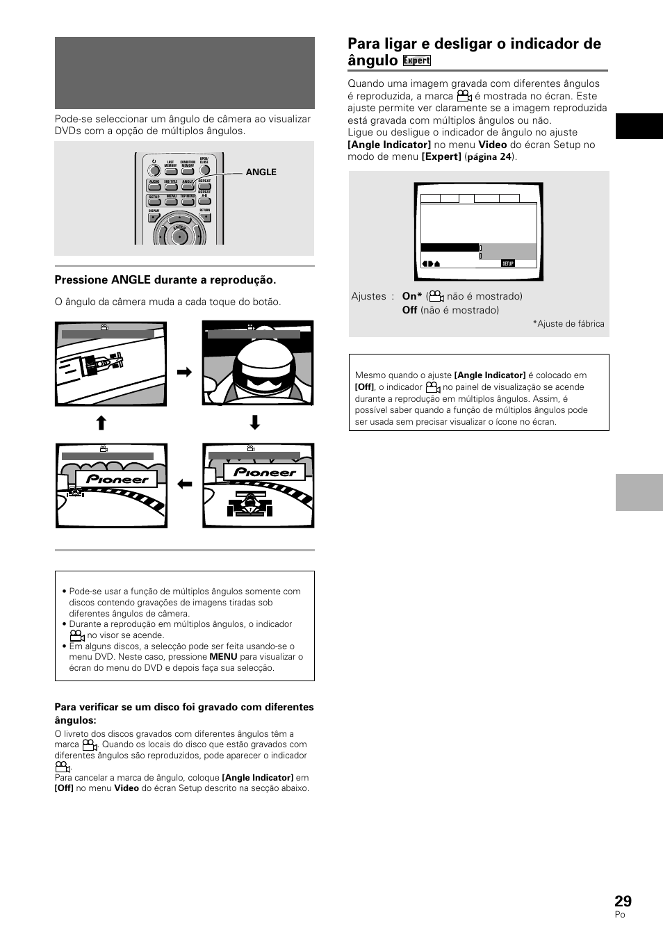Para ligar e desligar o indicador de ângulo, Português regulo dos ajustes de vídeo e áudio, Pressione angle durante a reprodução | Nota | Pioneer DV-530 User Manual | Page 85 / 112