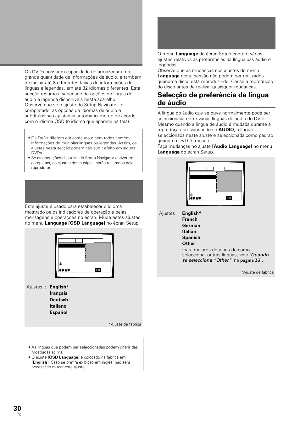 Ajuste das opções de línguas, Ajuste da língua da visualização no écran (osd), Selecção de preferência da língua de áudio | Pioneer DV-530 User Manual | Page 86 / 112