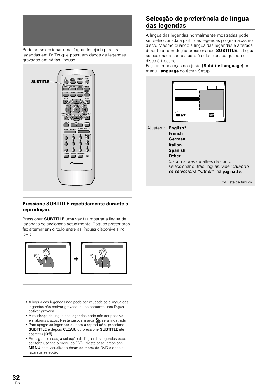 Selecção de preferência de língua das legendas, Quando se selecciona “other, Na página 33 ) | Subtitle, Ajuste de fábrica | Pioneer DV-530 User Manual | Page 88 / 112