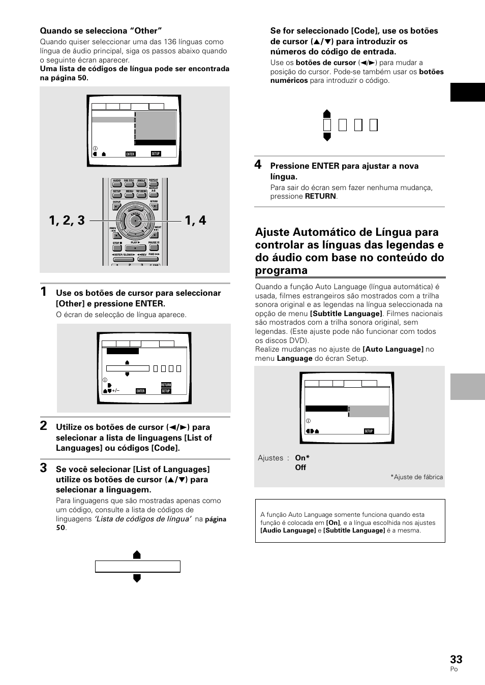 Português ajuste das opções de línguas, Quando se selecciona “other, Pressione enter para ajustar a nova língua | Lista de códigos de língua, O écran de selecção de língua aparece, Na página 50, Nota | Pioneer DV-530 User Manual | Page 89 / 112