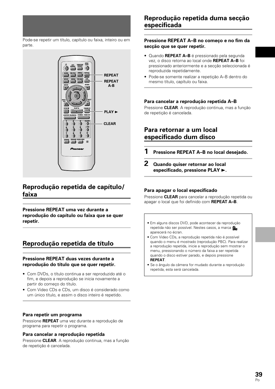 Reprodução repetida, Reprodução repetida de capítulo/ faixa, Reprodução repetida de título | Reprodução repetida duma secção especificada, Para retornar a um local especificado dum disco, Funções a v ançadas português, Dvd/video cd/cd, Para repetir um programa, Para cancelar a reprodução repetida, Para cancelar a reprodução repetida a–b | Pioneer DV-530 User Manual | Page 95 / 112