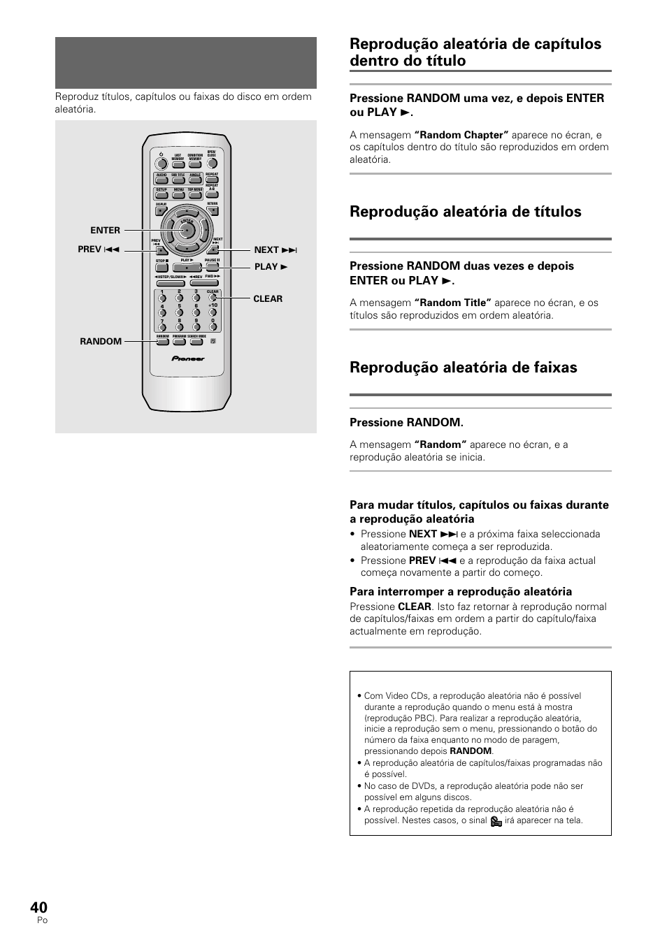 Reprodução aleatória, Reprodução aleatória de capítulos dentro do título, Reprodução aleatória de títulos | Reprodução aleatória de faixas, Dvd/video cd/cd, Video cd/cd pressione random, Para interromper a reprodução aleatória | Pioneer DV-530 User Manual | Page 96 / 112