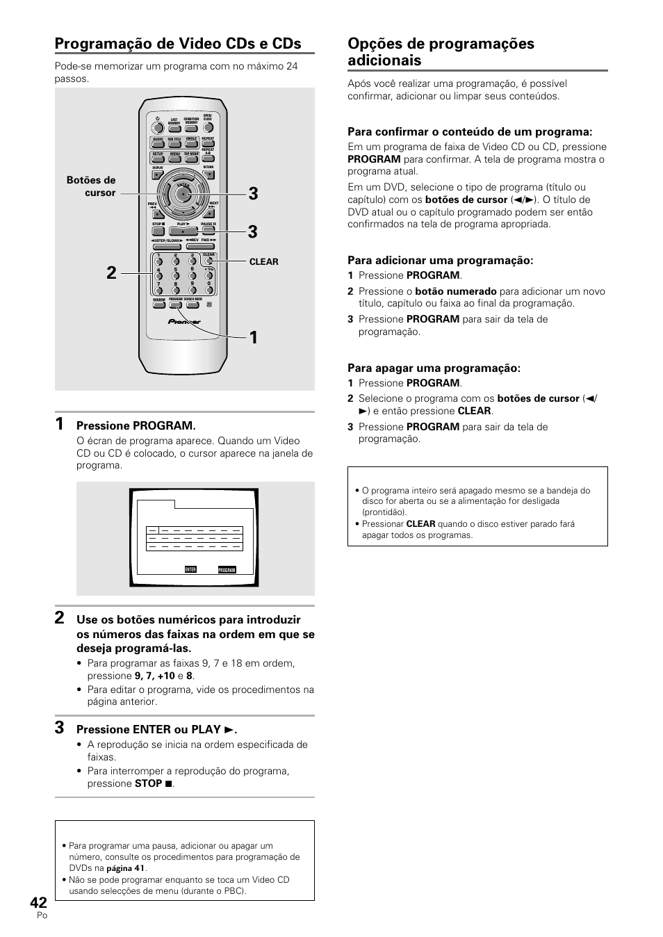 Programação de video cds e cds, Opções de programações adicionais, Pressione program | Pressione enter ou play 3, Dvd/video cd/cd, Para confirmar o conteúdo de um programa, Para adicionar uma programação, Para apagar uma programação, Botões de cursor | Pioneer DV-530 User Manual | Page 98 / 112