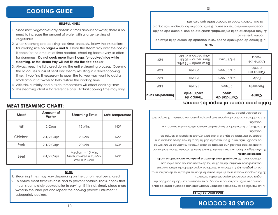 Cooking guide, Gui as de co cc io n, Meat steaming chart | Tab la par ac oce ra lv apo rla sc arn es | Aroma ARC-830 TC User Manual | Page 12 / 15