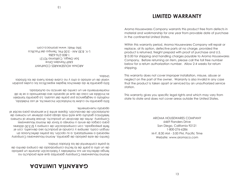 Limited warranty, Ga ra ntí al im ita da | Aroma ARC-830 TC User Manual | Page 15 / 15