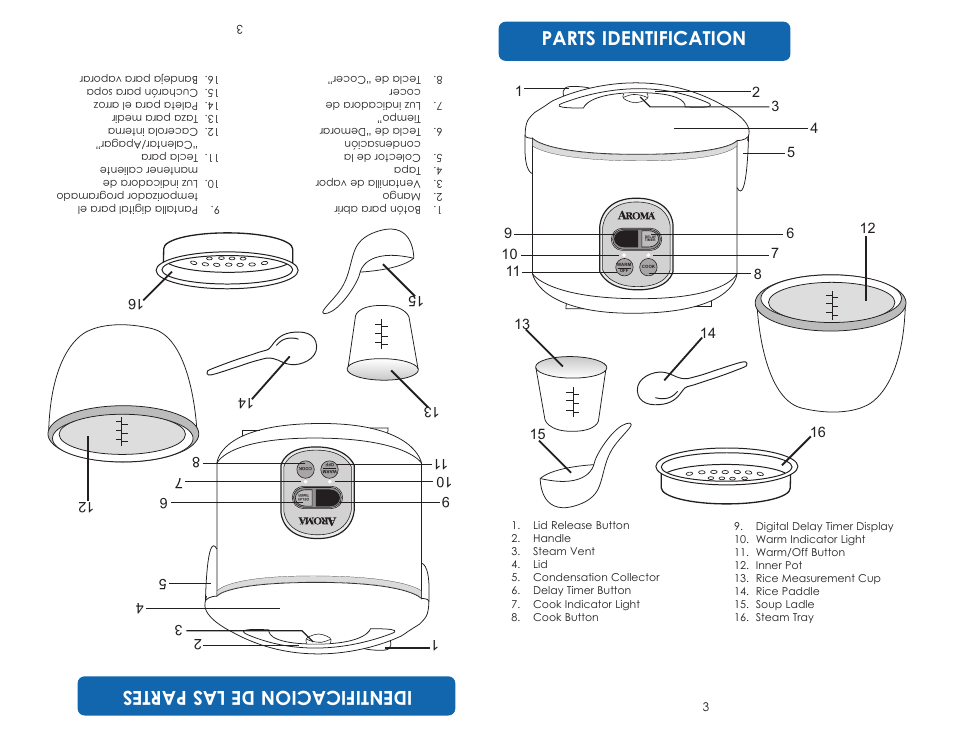 Parts identification, Ide ntif ic ac io nd el as pa rte s | Aroma ARC-830 TC User Manual | Page 5 / 15