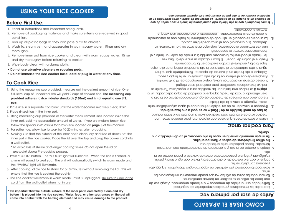 Using your rice cooker co mo usa re la pa ra to, Before first use: to cook rice, Ant es de usa rp orp rim era vez | Par ac oci nar arro z | Aroma ARC-830 TC User Manual | Page 6 / 15