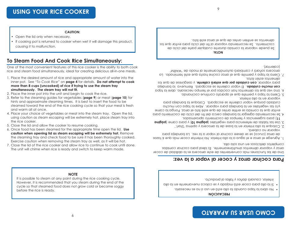 Using your rice cooker co mo usa rs ua pa ra to, Par ac oci nar arro zy coc era lv apo ra la vez | Aroma ARC-830 TC User Manual | Page 8 / 15