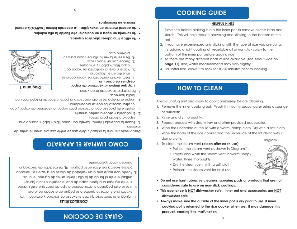 Co mo lim pia re la pa ra to how to clean, Cooking guide, Gui as de co cc io n | Aroma ARC-830 TC User Manual | Page 9 / 15