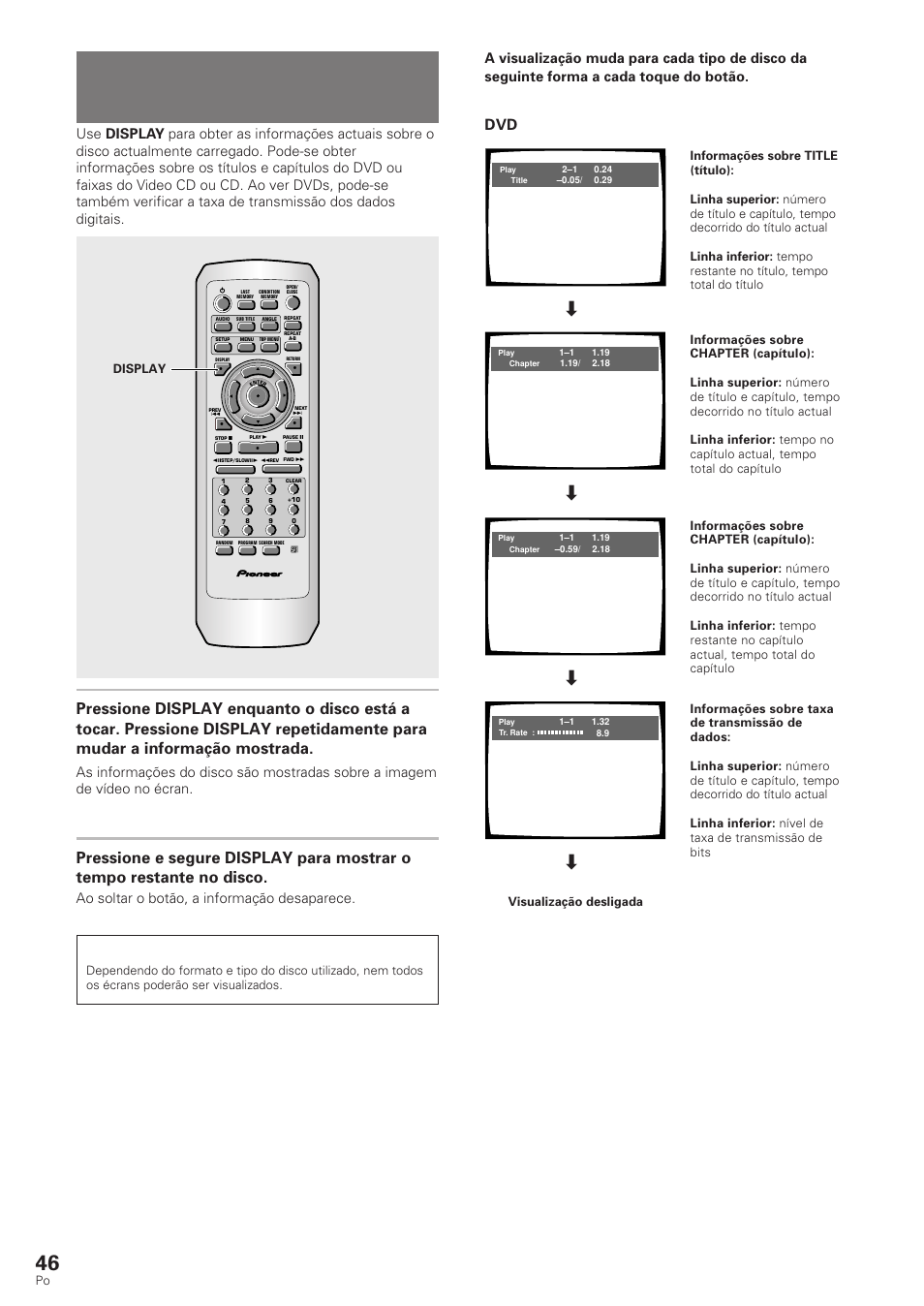 Visualização das informações do disco, Dvd/video cd/cd, Ao soltar o botão, a informação desaparece. nota | Display | Pioneer DV-340 User Manual | Page 102 / 112