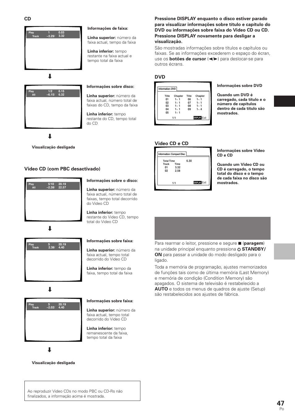 Para repor o aparelho nos ajustes do sistema, Fun çõ es a v an ç adas portugu ê s, Video cd e cd dvd | Video cd (com pbc desactivado) | Pioneer DV-340 User Manual | Page 103 / 112
