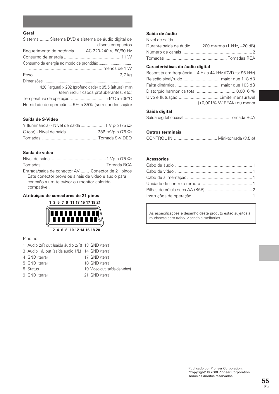 Especificações | Pioneer DV-340 User Manual | Page 111 / 112