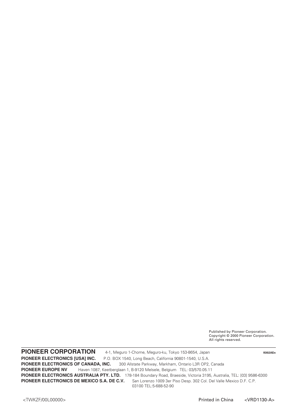 Pioneer corporation | Pioneer DV-340 User Manual | Page 112 / 112