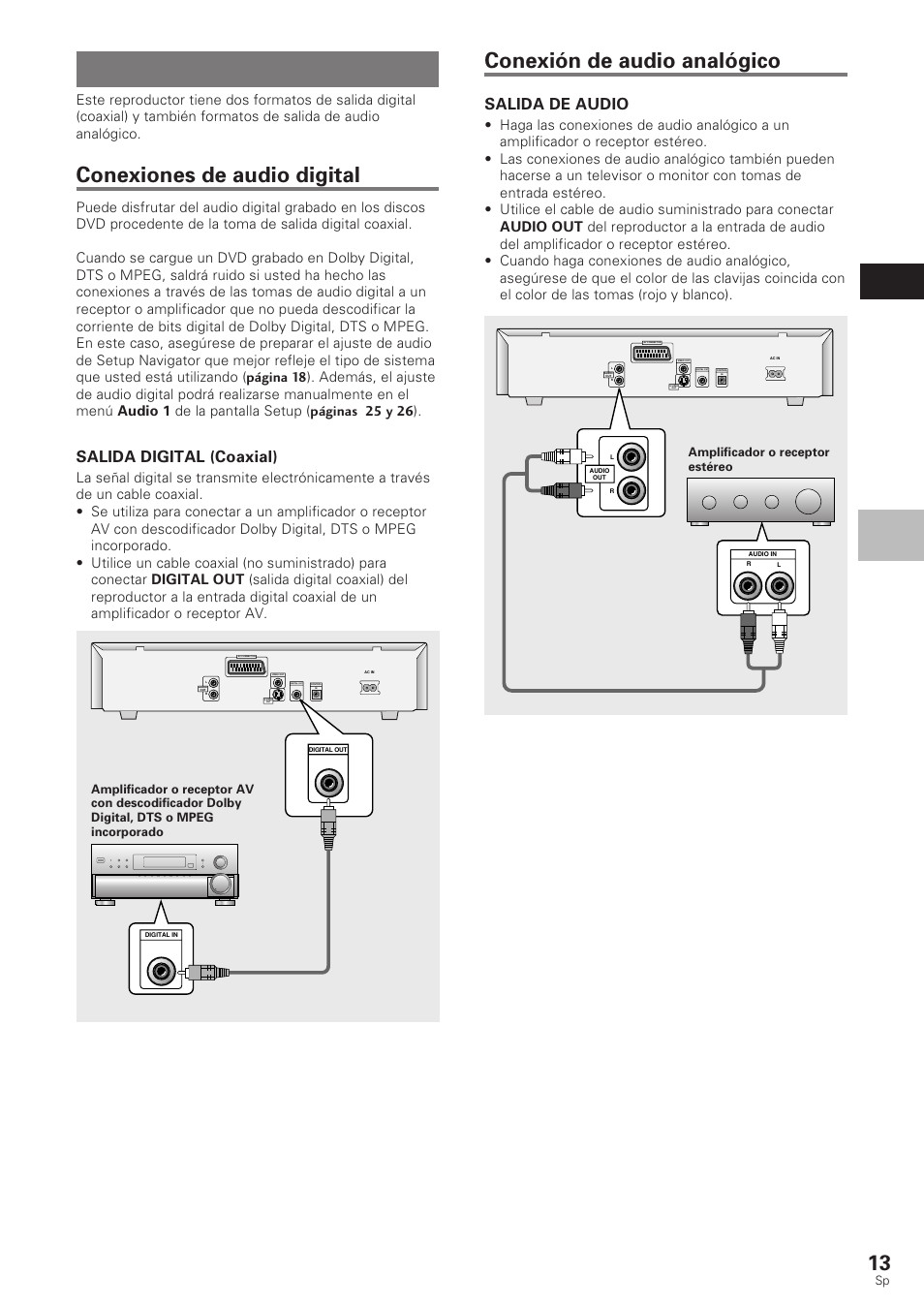 Conexiones de audio, Conexiones de audio digital, Conexión de audio analógico | Conexiones espa ñ ol, Salida digital (coaxial), Salida de audio | Pioneer DV-340 User Manual | Page 15 / 112