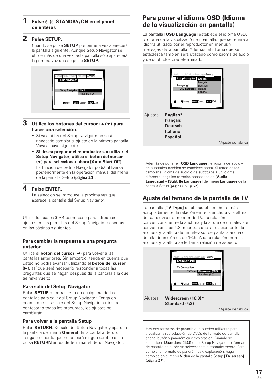 Ajuste del tamaño de la pantalla de tv | Pioneer DV-340 User Manual | Page 19 / 112