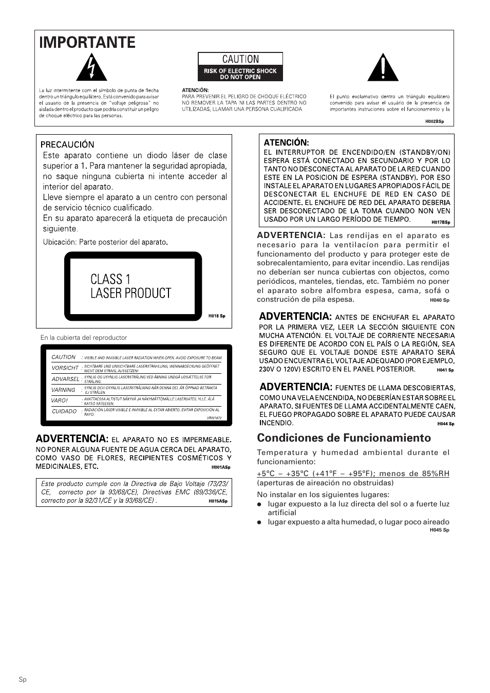 Condiciones de funcionamiento | Pioneer DV-340 User Manual | Page 2 / 112