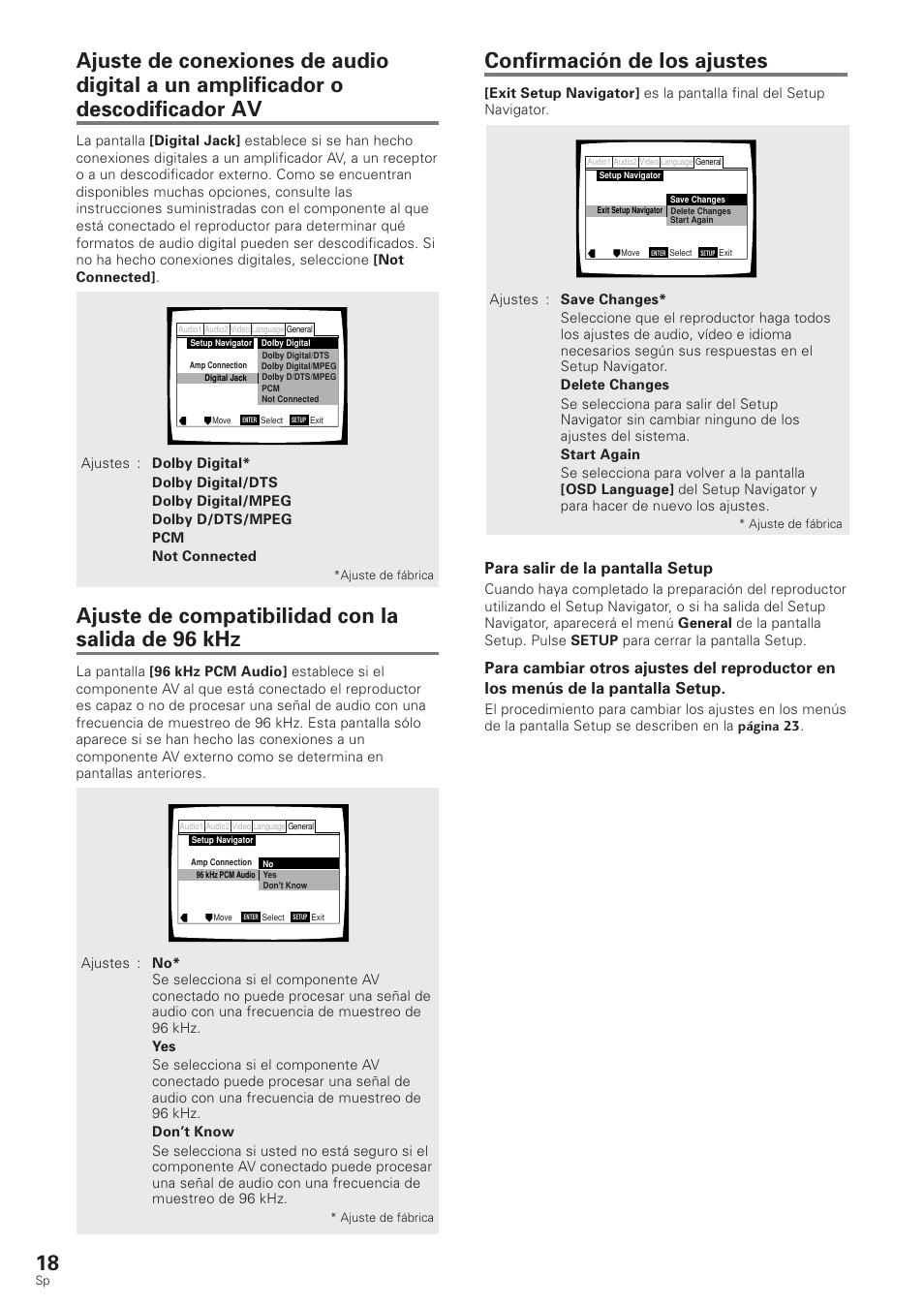 Confirmación de los ajustes, Ajuste de compatibilidad con la salida de 96 khz, Para salir de la pantalla setup | Pioneer DV-340 User Manual | Page 20 / 112