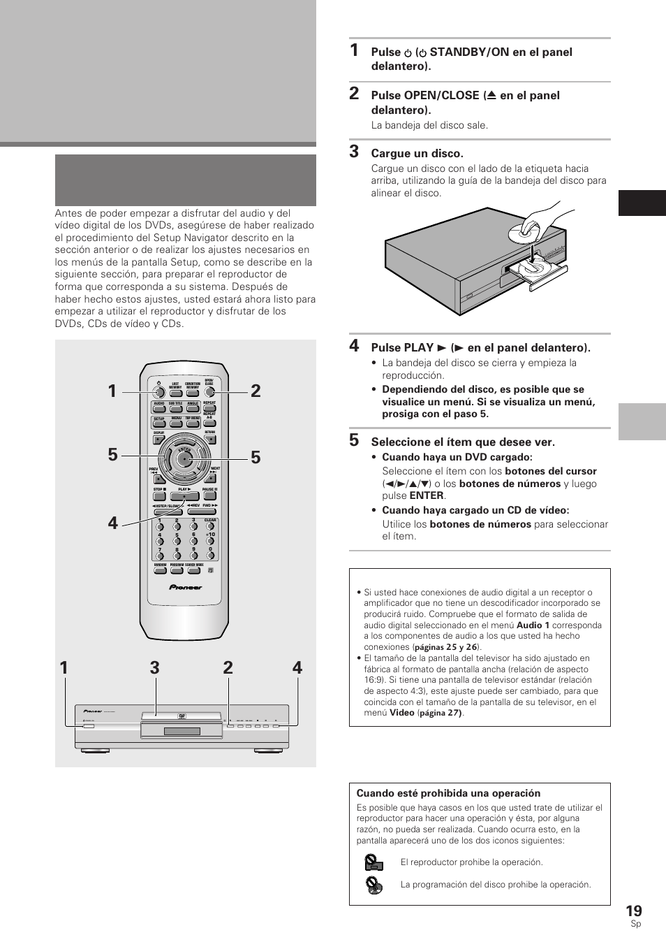 Empezando a utilizar su reproductor, Reproducción de dvds, cds de vídeo, Y cds | Empezando a utilizar su reproductor dvd, Reproducción de dvds, cds de vídeo y cds, Español, Dvd/cd de vídeo/cd, Pulse ( standby/on en el panel delantero), Pulse open/close ( 0 en el panel delantero), Cargue un disco | Pioneer DV-340 User Manual | Page 21 / 112