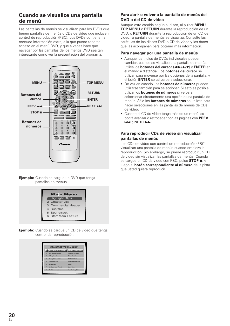 Cuando se visualice una pantalla de menú, Para navegar por una pantalla de menús, Botones del cursor botones de números | Menu top menu enter return stop 7 next ¢ prev 4 | Pioneer DV-340 User Manual | Page 22 / 112