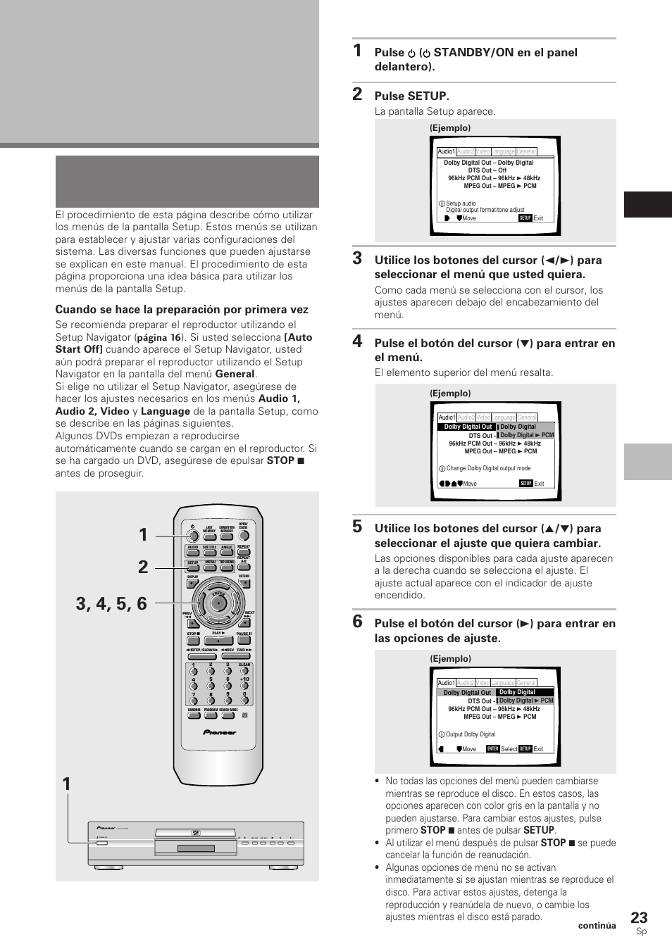 Ajustes de audio y vídeo, Utilizando los menús de la pantalla setup, Español | Cuando se hace la preparación por primera vez, Pulse ( standby/on en el panel delantero), Pulse setup, La pantalla setup aparece, El elemento superior del menú resalta, Dvd pla yer, Standby/on | Pioneer DV-340 User Manual | Page 25 / 112